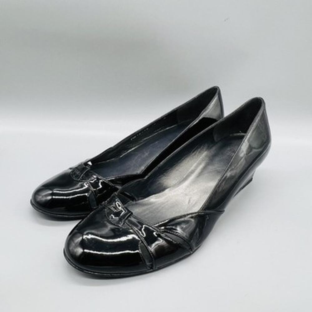 Stuart Weitzman Shoes Womens 10 Black Patent Leather Wedge Bow Pumps FW12479 - Picture 3 of 11